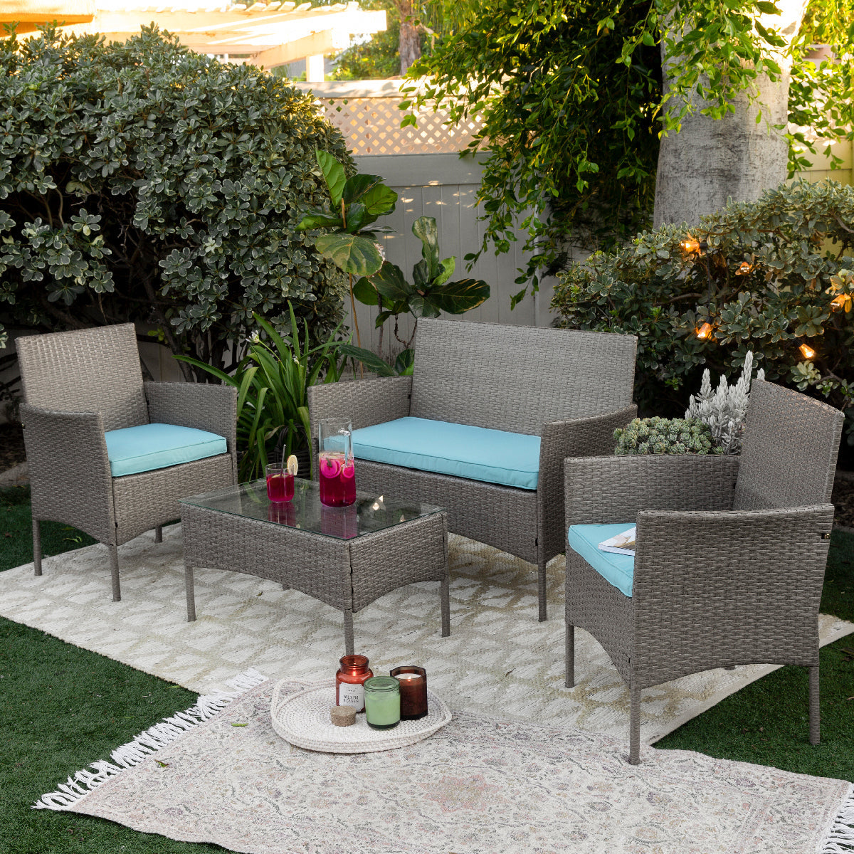 Barton 4 Piece Outdoor Patio Set Sofa Wicker Chair w/ Table Set Cushio ...
